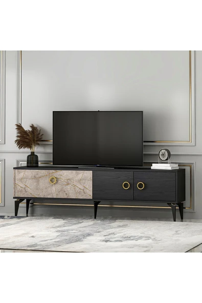 T0019 Zümrüt Alt Modül Tv Ünitesi Gordion Mermer/Ahşap Siyah - 3