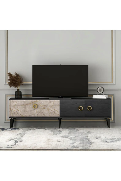 T0019 Zümrüt Alt Modül Tv Ünitesi Gordion Mermer/Ahşap Siyah - 2
