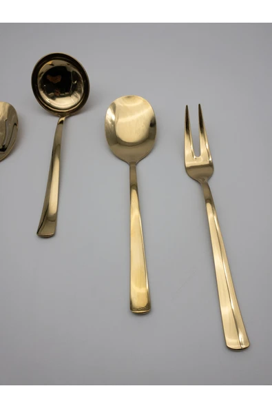 5 Parça Paslanmaz Çelik Gold Kevgir, Kepçe, Kürek, Çatal, Kaşık Servis Takımı - Çeyizlik - 4