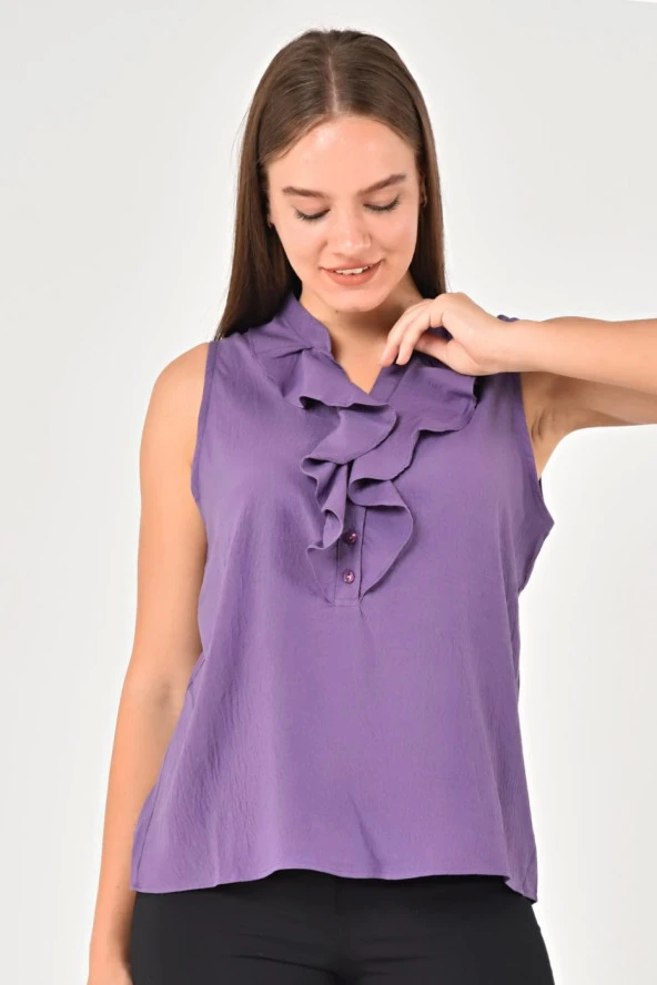 Büyük Beden Yakası Volanlı Kolsuz Bluz Mor LRWM22BLZ04 - 2