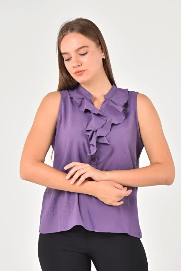 Büyük Beden Yakası Volanlı Kolsuz Bluz Mor LRWM22BLZ04 - 4