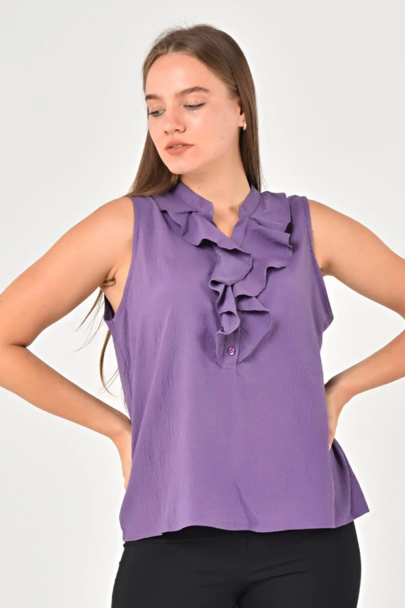 Büyük Beden Yakası Volanlı Kolsuz Bluz Mor LRWM22BLZ04 - 5
