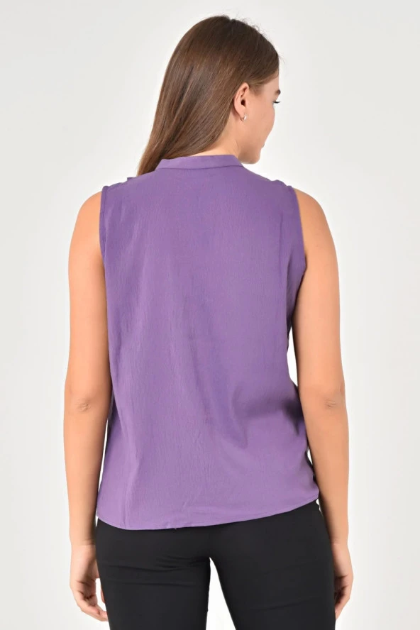 Büyük Beden Yakası Volanlı Kolsuz Bluz Mor LRWM22BLZ04 - 7