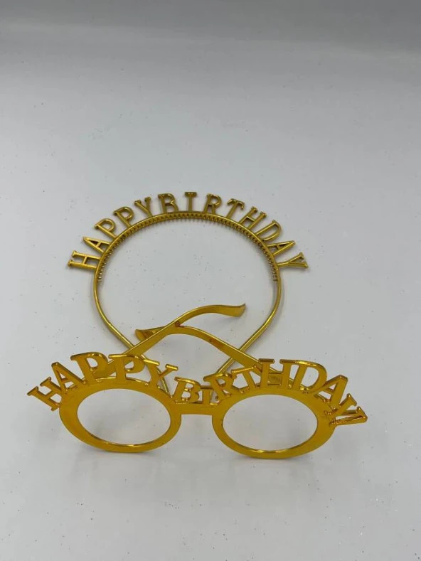 Plastik Happy Bırthday Taç Gözlük Gold 2 li Set