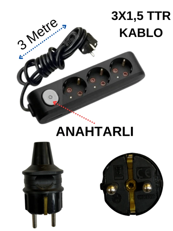 Avarson (3'Lü) Üçlü Priz Topraklı Anahtarlı Kablolu Siyah (3x1,5 TTR) 3 (Üç) Metre