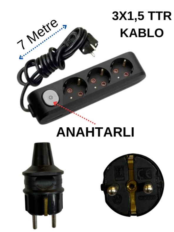 Avarson (3'Lü) Üçlü Priz Topraklı Anahtarlı Kablolu Siyah (3x1,5 TTR) 7 (Yedi) Metre