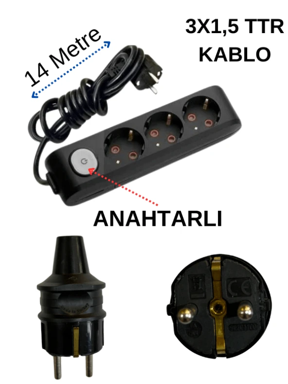 Avarson (3'Lü) Üçlü Priz Topraklı Anahtarlı Kablolu Siyah (3x1,5 TTR) 14 (On Dört) Metre