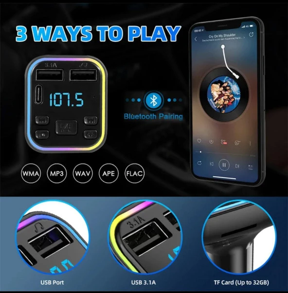 Araç Fm Transmitter Bluetooth Usb Mp3 Sd Kart Çakmaklık Girişli 7 Renk Led Işıklı Araç Kiti - 2