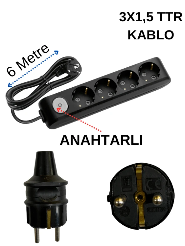 Avarson (4'Lü) Dörtlü Priz Topraklı Anahtarlı Kablolu Siyah (3x1,5 TTR) 6 (Altı) Metre