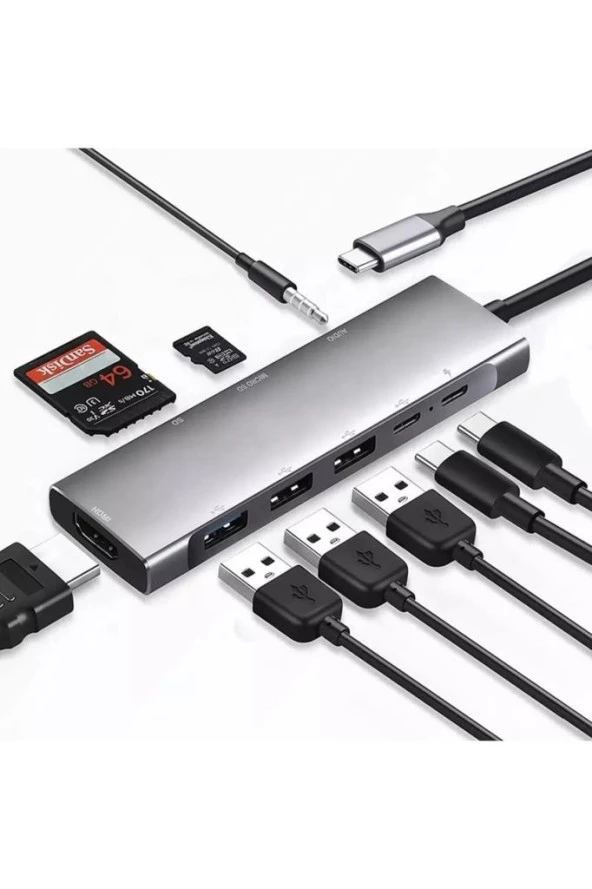 9 In 1 Usb Type C Pd Ss X3 Hdtv Sd Tf Audio Multiport Adaptör 4k Hdmı Çevirici Dönüştürücü Aparat