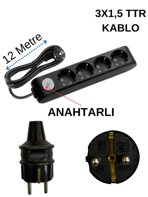 Avarson (4'Lü) Dörtlü Priz Topraklı Anahtarlı Kablolu Siyah (3x1,5 TTR) 12 (On İki) Metre