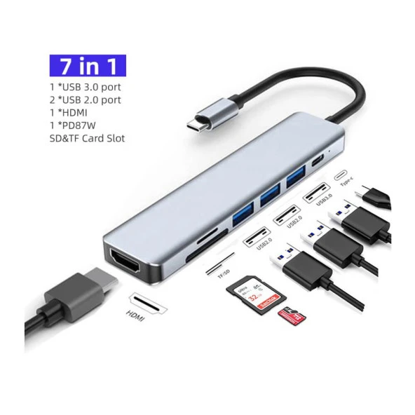 7 in 1 Type C To Hdmı 4k 30hz Kablo Sd/ Tf Kart Okuyucu Usb 3.0 2xusb 2.0 Pd Çevirici Dönüştürücü