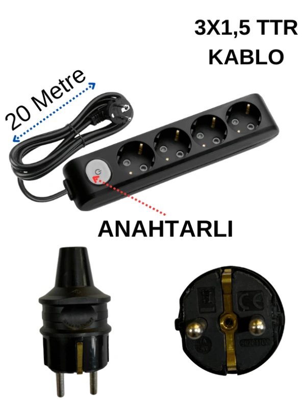 Avarson (4'Lü) Dörtlü Priz Topraklı Anahtarlı Kablolu Siyah (3x1,5 TTR) 20 (Yirmi) Metre