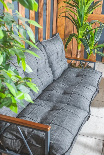 UFUK HOME Miray 311 Masalı Antrasit Fermuarlı Bahçe Balkon Takımı, Salon, Teras- Berjer Düğmeli Metal Çay Seti - 4