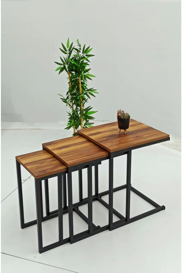 UFUK HOME 3lü Zigon Sehpa Ceviz Tabla Siyah Ayak Sehpa - 2