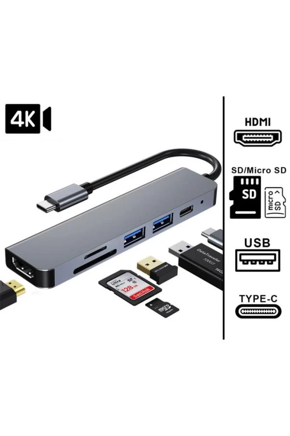 6 in 1 Type-C To USB 3.0 Sd Tf 4K Ultra HD HDMI Pd Kart Okuyucu Çevirici Dönüştürücü Adaptör