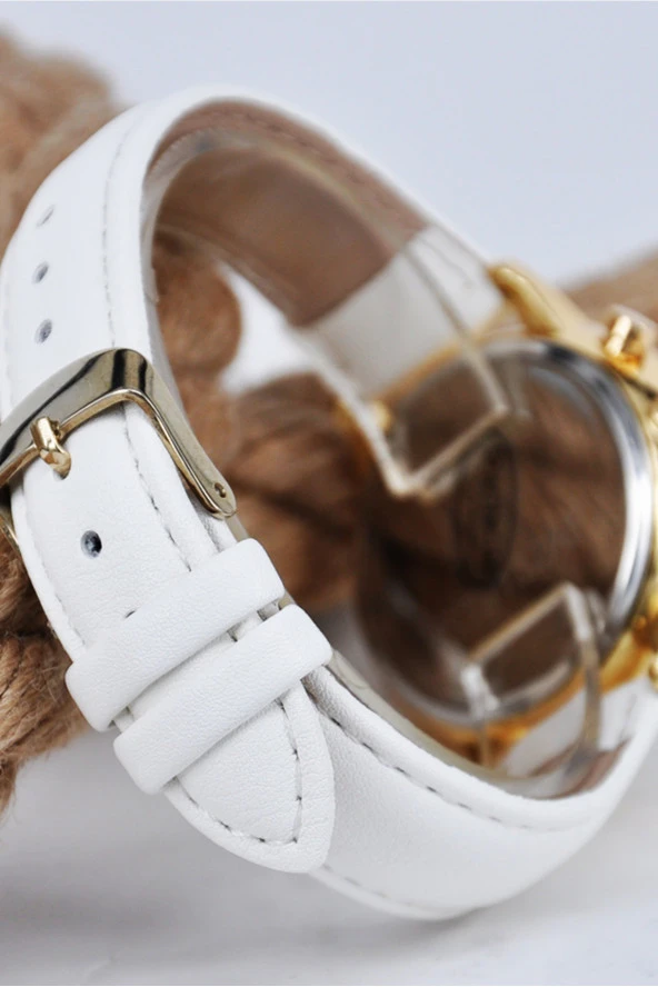 Altın Renk Taşlı Kasa Beyaz Deri Kordonlu Roma Rakam Kadın Kol Saati SU-1123 - 3