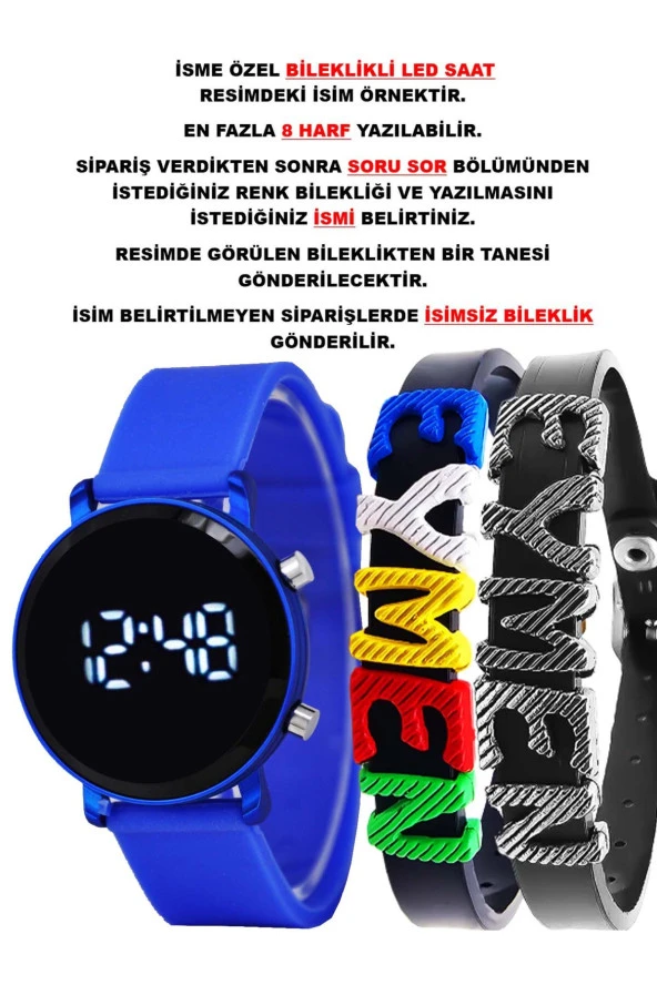 Mavi Silikon Kordon Yuvarlak Kasa İsimli Bileklikli Şık Şirin Tasarım Çocuk Led Saat SU-1115