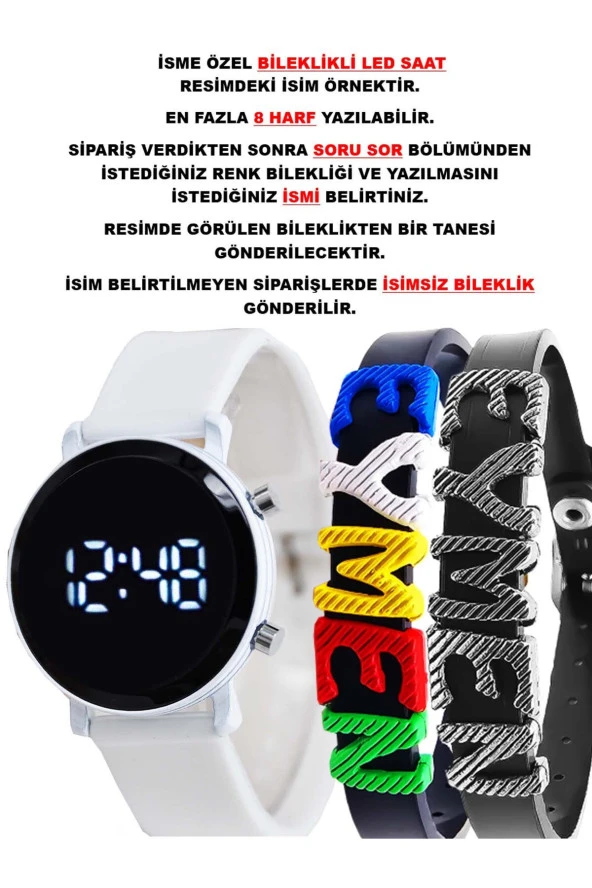 Beyaz Silikon Kordon Yuvarlak Kasa İsimli Bileklikli Şık Şirin Tasarım Çocuk Led Saat SU-1114