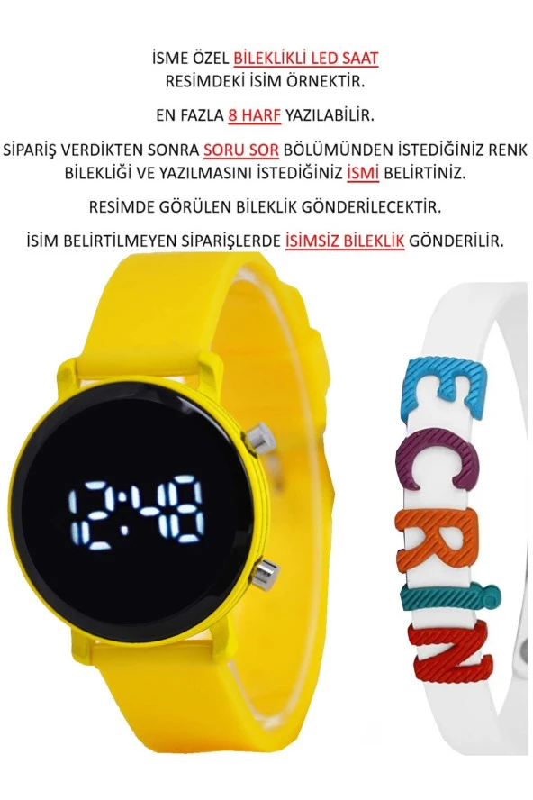 Sarı Silikon Kordon Yuvarlak Kasa Beyaz İsimli Bileklikli Şık Şirin Tasarım Çocuk Led Saat SU-1109