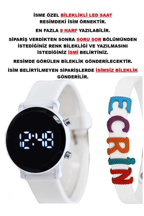 Beyaz Silikon Kordon Yuvarlak Kasa Beyaz İsimli Bileklikli Şık Şirin Tasarım Çocuk Led Saat SU-1107