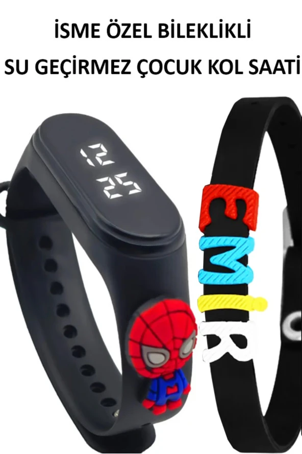 İsimli Bileklikli Dokunmatik Led Su Geçirmez Siyah Renk Figürlü Çocuk Kol Saati SU-937
