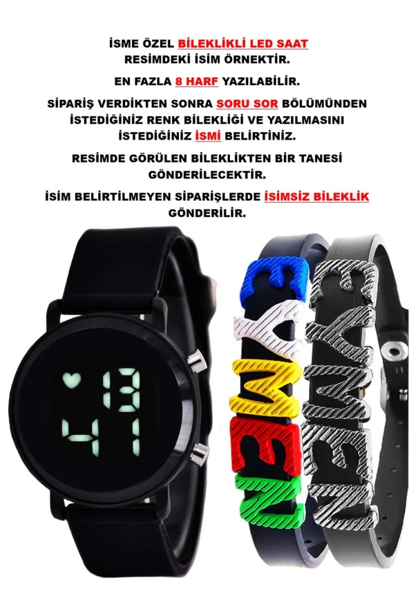 Siyah Silikon Kordonlu İsimli Bileklikli Şık Şirin Tasarım Çocuk Led Saat SU-1102
