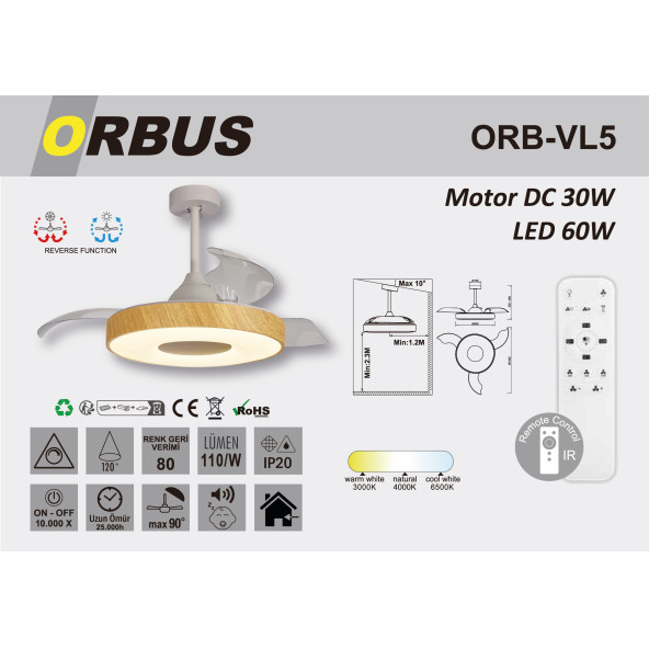Orbus Uzaktan Kumandalı Tavan Vantilatörü 3000K - 6500K Işık ve Ayarlanabilir Fan Seviyeli VL5 - 4