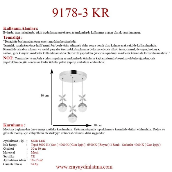 Eray Aydınlatma 9178-3 3lü Krom Sarkıt Led Avize - 3