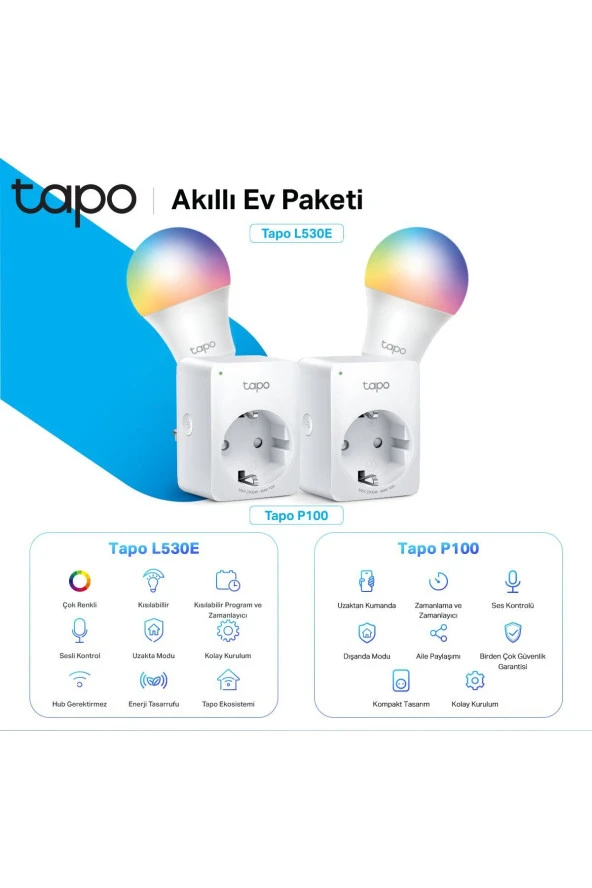 TP-LINK Tapo Akıllı Ev Paketi-L530E Çok Renkli Wi-Fi Ampulü(2’li) & P100 Mini Smart Wi-Fi Soketi(2’li)