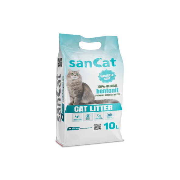 Sancat Premium Marsilya Sabun Kokulu Topaklaşan Beyaz Bentonit Kedi Kumu 10 L