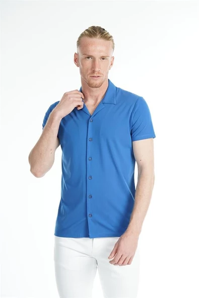 İntersivin Likralı Esnek Kumaş Kısa Kollu Saks Erkek Yazlık Gömlek - Resim 7