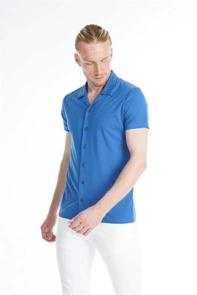 İntersivin Likralı Esnek Kumaş Kısa Kollu Saks Erkek Yazlık Gömlek - Resim 4