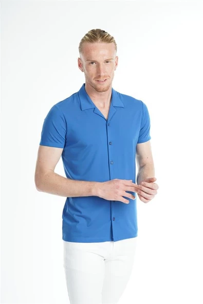 İntersivin Likralı Esnek Kumaş Kısa Kollu Saks Erkek Yazlık Gömlek - Resim 6