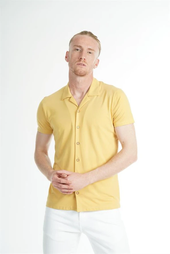 İntersivin Likralı Esnek Kumaş Kısa Kollu Sarı Erkek Yazlık Gömlek