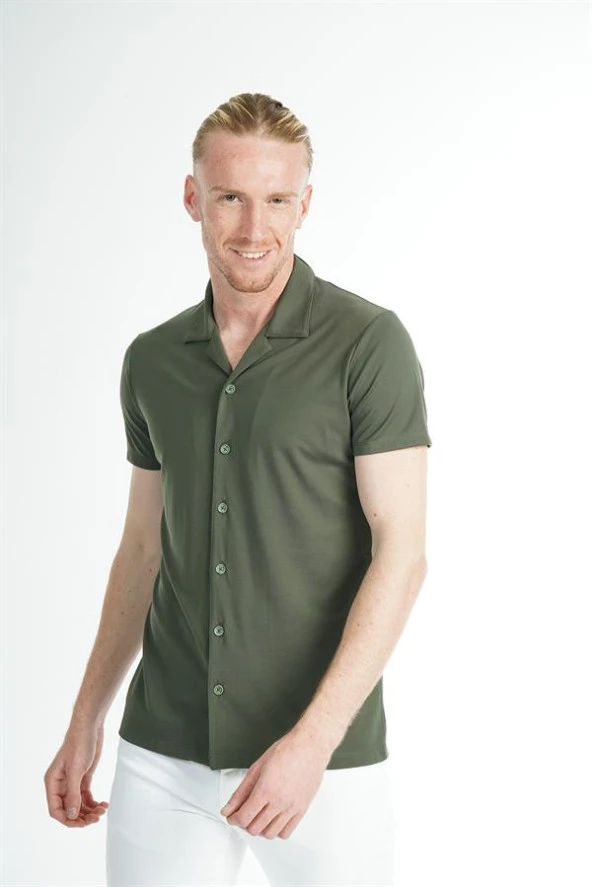İntersivin Likralı Esnek Kumaş Kısa Kollu Yeşil Erkek Yazlık Gömlek