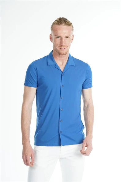 İntersivin Likralı Esnek Kumaş Kısa Kollu Saks Erkek Yazlık Gömlek - Resim 5