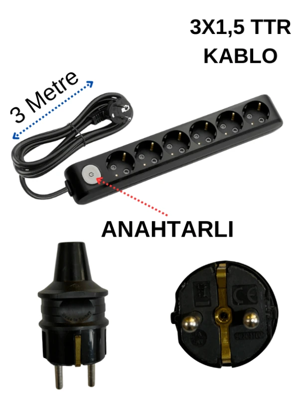 Avarson (6'Lı) Altılı Priz Topraklı Anahtarlı Kablolu Siyah (3x1,5 TTR) 3 (Üç) Metre