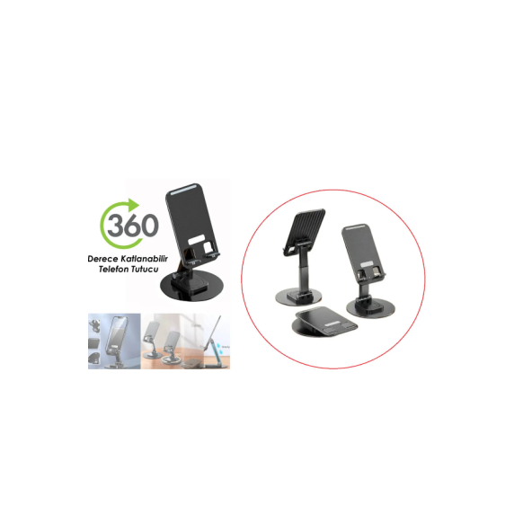 QASUL Masaüstü Döner Tasarımlı Yükseltici Alüminyum Tabanlı Siyah Telefon Tablet Tutucu