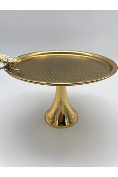 Ayaklı Yuvarlak Kelebekli Gold Kek, Kurabiye ve Pasta Sunum Tabağı, Servis Tepsisi