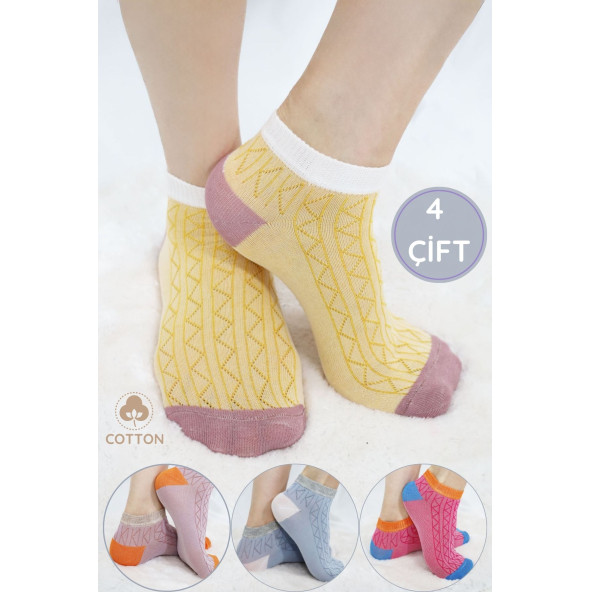 4 Çift Kadın Çorap Köprülü Trend Desenli Kısa Yazlık Çorap