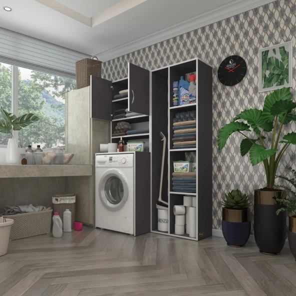 Kenzlife çamaşır makinesi dolabı hayzumsüpürge gri 180*126*55 banyo kiler çift kapaklı arkalıklı