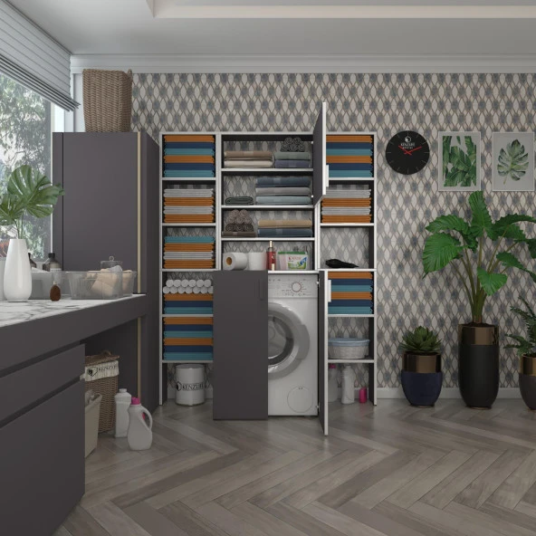 Kenzlife çamaşır makinesi dolabı kasparovmaksduble gri 180*126*55-20 banyo kapaklı arkalıksız