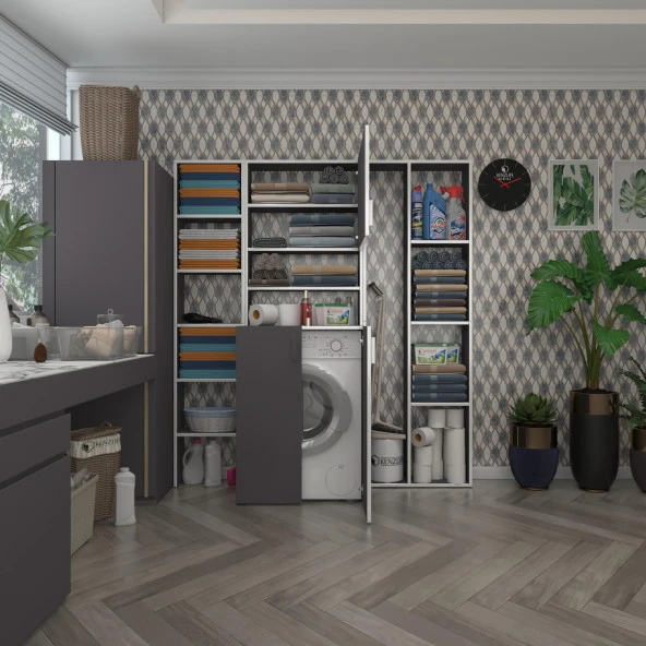 Kenzlife çamaşır makinesi dolabı kasparovmega gri 180*156*55-20 banyo kapaklı arkalıksız