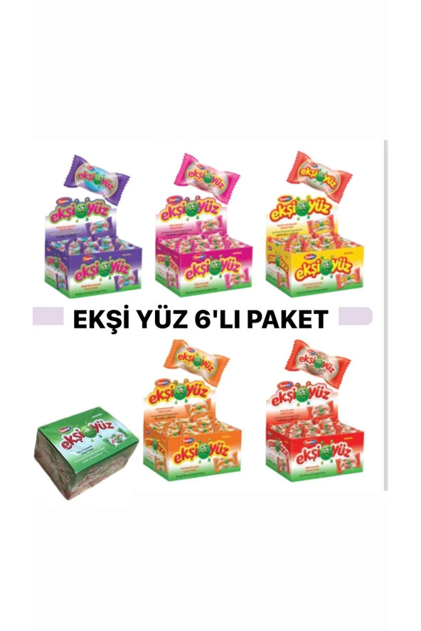 EKŞİ YÜZ 100 ADET X 6 Paket (Tutti fruitsi,Boğürtlen,Çilek,Kola,Portakal,Karpuz)