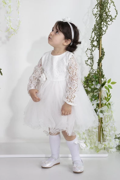 Minimony Uzun Kol Dantelli Kız Bebek Çocuk Bayramlık Abiye Gelinlik Elbisesi 4002 - 4