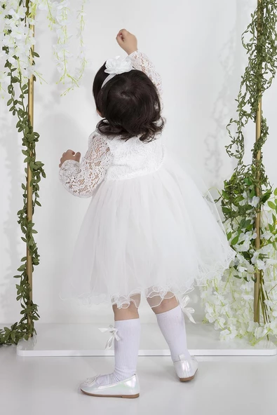 Minimony Uzun Kol Dantelli Kız Bebek Çocuk Bayramlık Abiye Gelinlik Elbisesi 4002 - 2