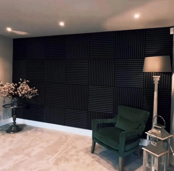 50x50cm 1 Adet Siyah Renk Akustik Panel 3mm Keçe Ve 8mm Mdflam Salon Ofis Duvar Çıtası Paneli Cide