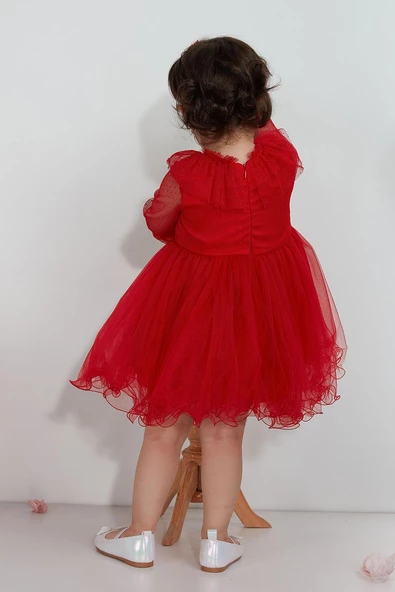 Minimony Uzun Kol Tül Yakalı Kız Bebek Çocuk Bayramlık Abiye Gelinlik Elbisesi 1003 - 4