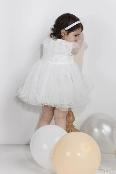 Minimony Uzun Kol Tül Yakalı Kız Bebek Çocuk Bayramlık Abiye Gelinlik Elbisesi 1003 - 8